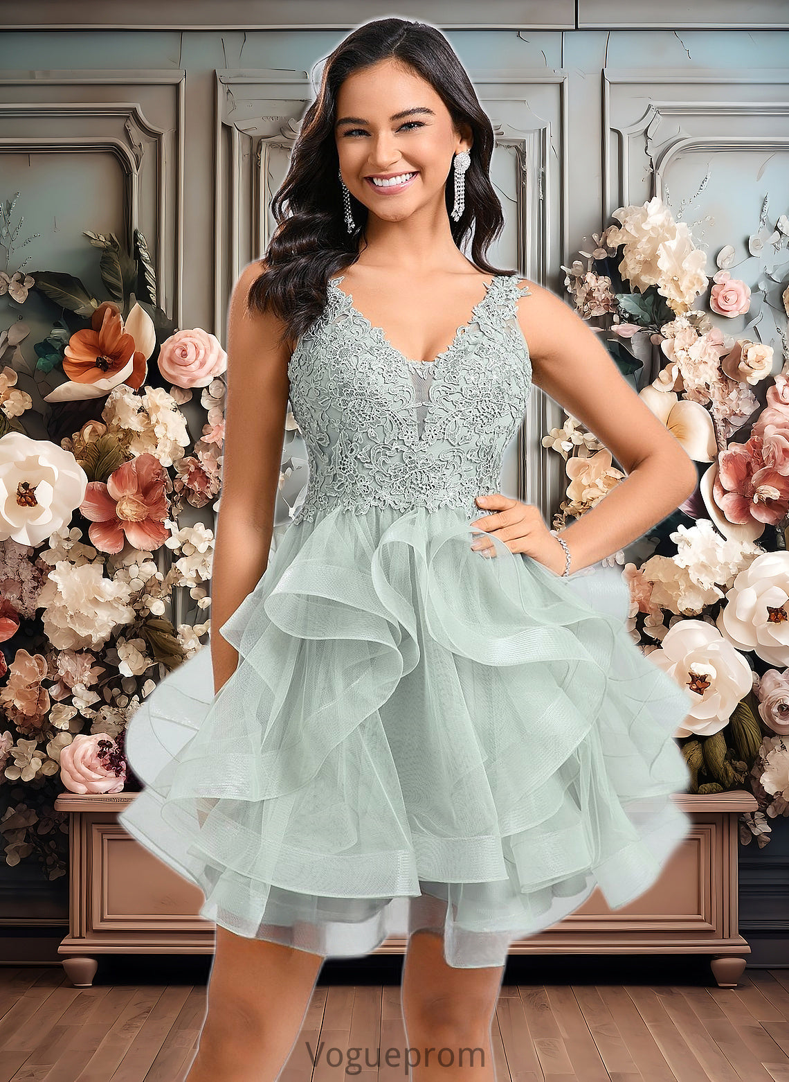 Jasmine Ball-Gown/Princess V-Neck Short Tulle Lace Homecoming Dress DKP0025671