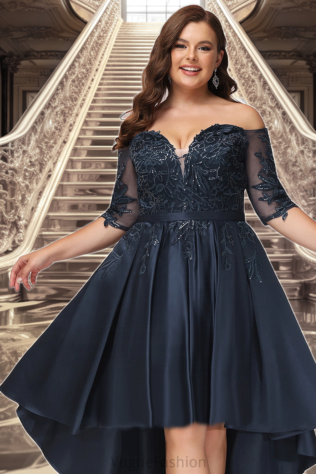 Regina A-line Off the Shoulder Asymmetrical Lace Satin Homecoming Dress With Sequins DKP0020580