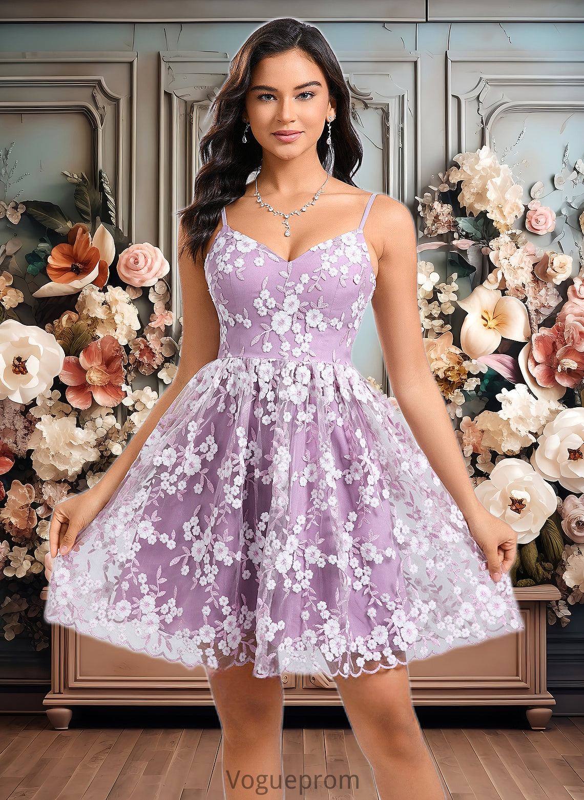 Kimora A-line V-Neck Short Lace Homecoming Dress With Embroidered DKP0025697