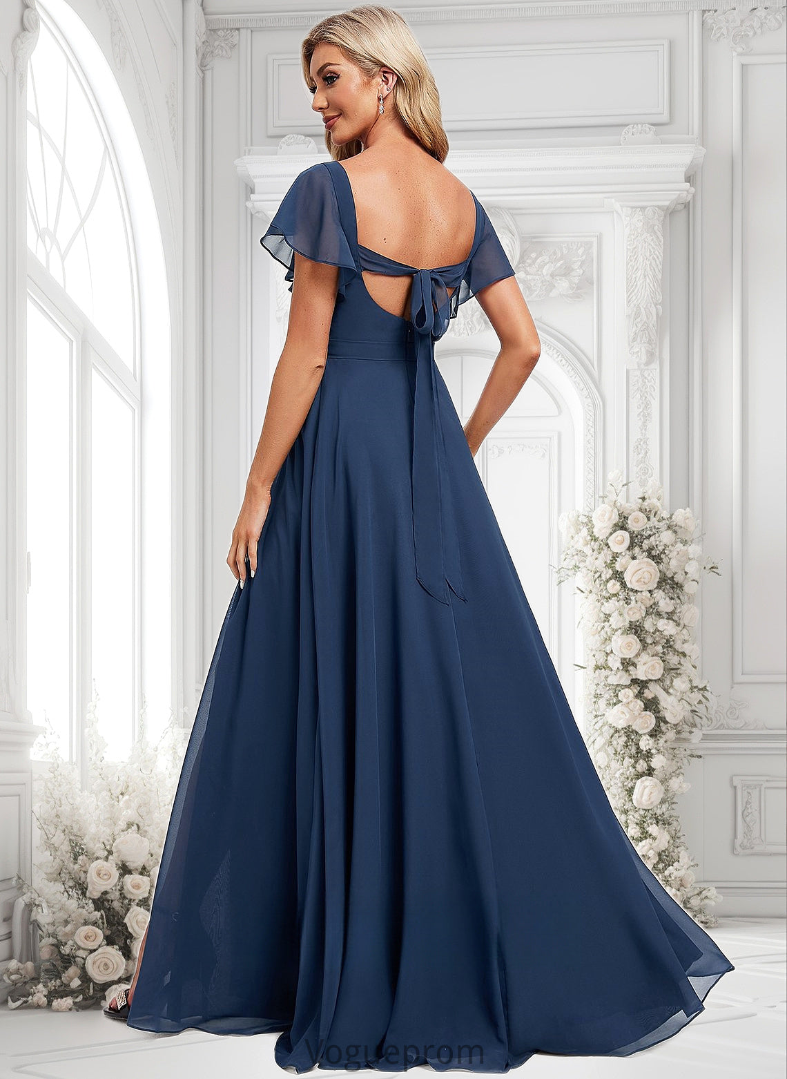 Cecilia A-line V-Neck Floor-Length Chiffon Bridesmaid Dress With Ruffle DKP0025802