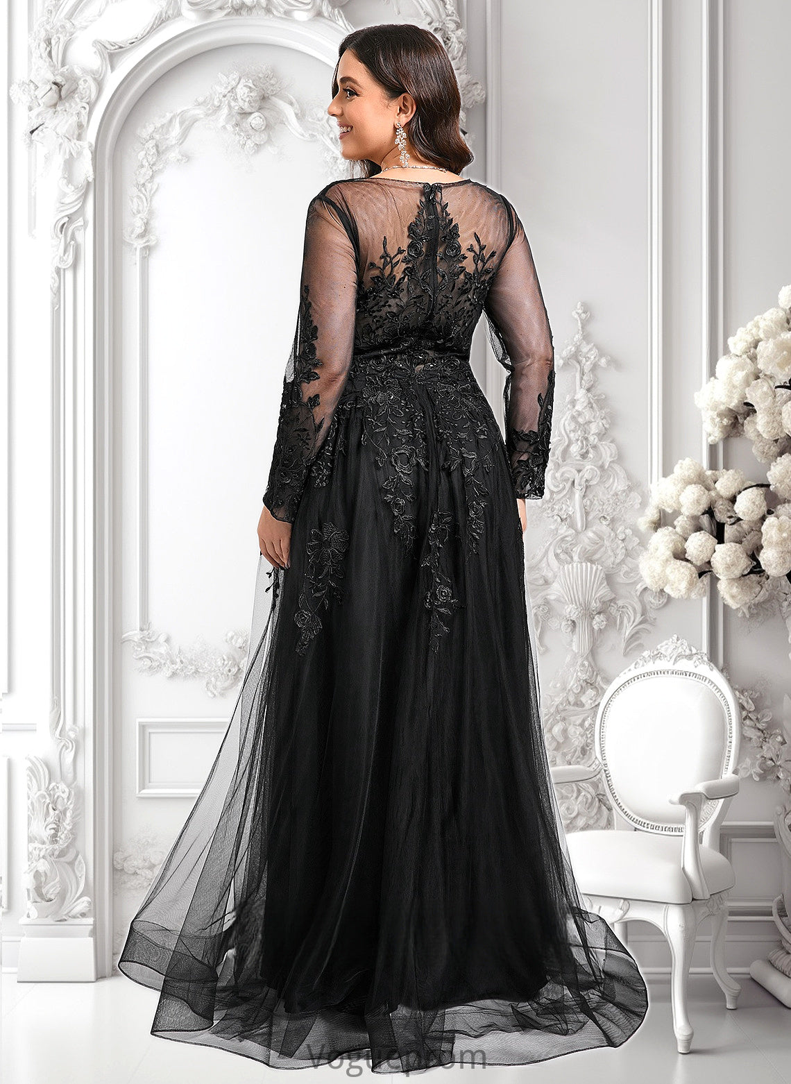 Valentina A-line V-Neck Floor-Length Tulle Prom Dresses With Sequins Appliques Lace Beading DKP0025834