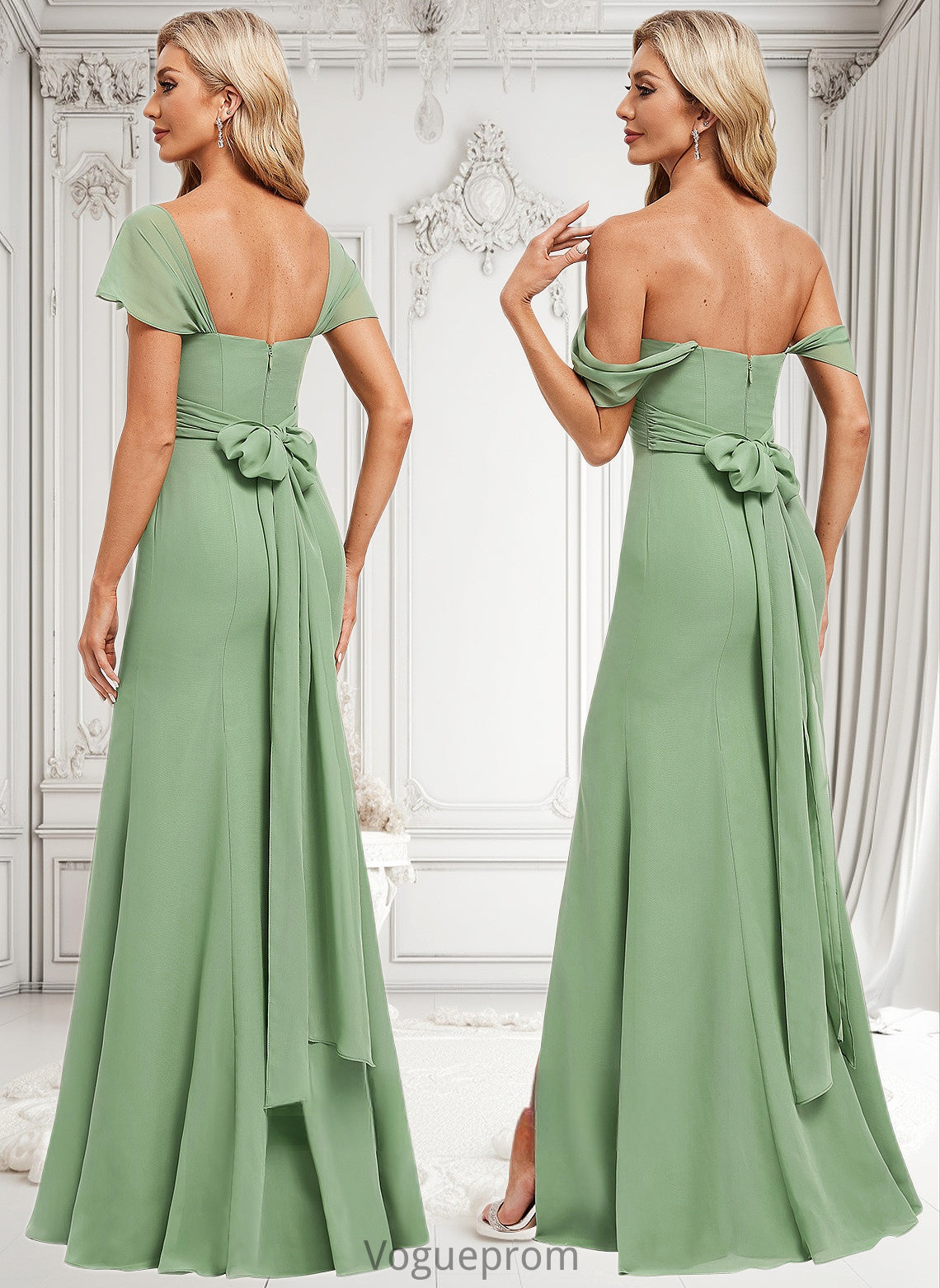 Dayami Trumpet/Mermaid Off the Shoulder V-Neck Floor-Length Chiffon Bridesmaid Dress DKP0025810