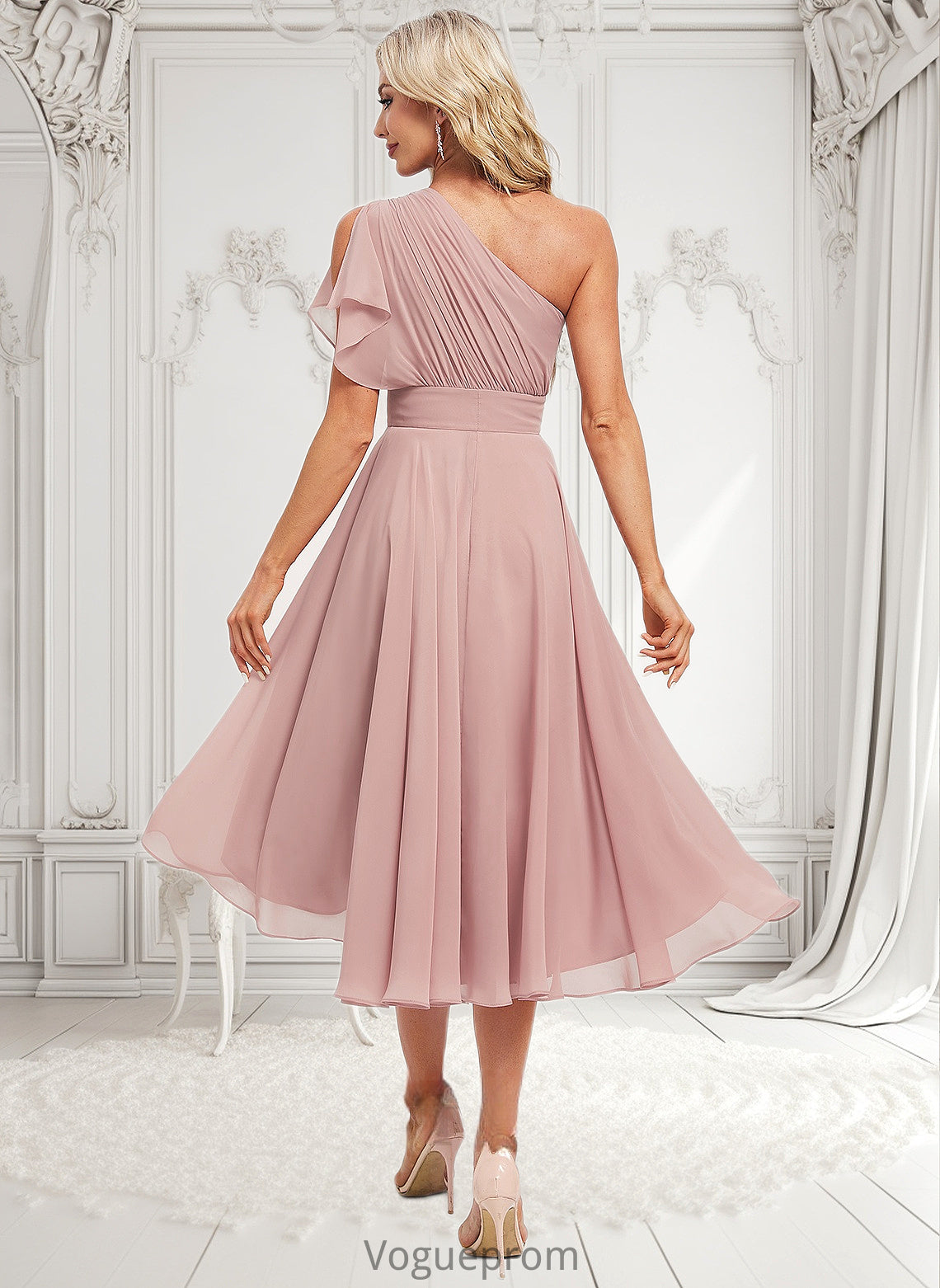 Aria A-line One Shoulder Asymmetrical Chiffon Bridesmaid Dress With Ruffle DKP0025819