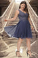 Keely A-line V-Neck Short/Mini Chiffon Lace Homecoming Dress With Beading DKP0020536