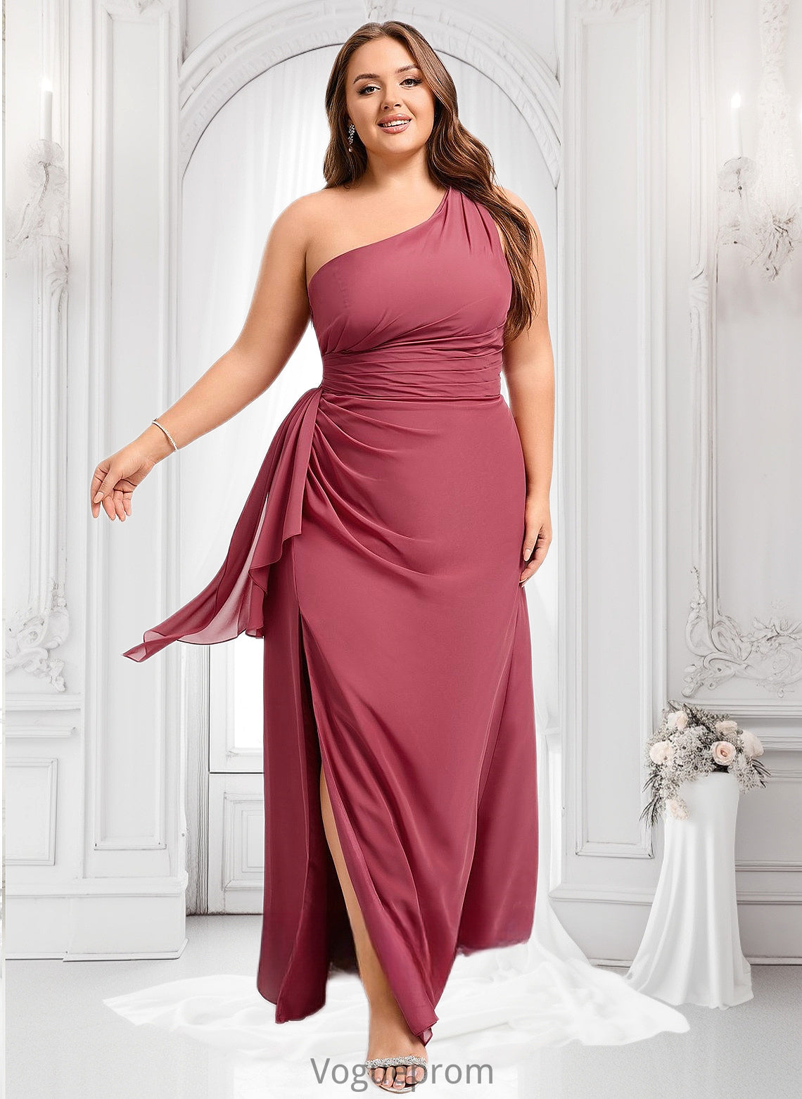 Maggie A-line One Shoulder Floor-Length Chiffon Bridesmaid Dress With Ruffle DKP0025824