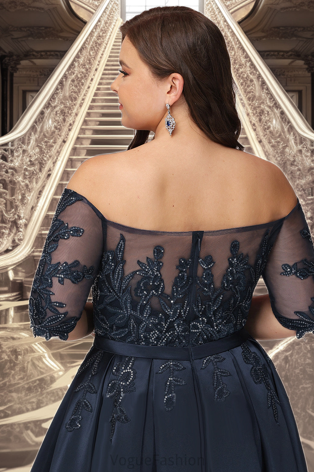 Regina A-line Off the Shoulder Asymmetrical Lace Satin Homecoming Dress With Sequins DKP0020580