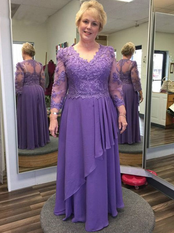 Joyce A-Line/Princess Chiffon Applique V-neck Long Sleeves Floor-Length Mother of the Bride Dresses DKP0020379