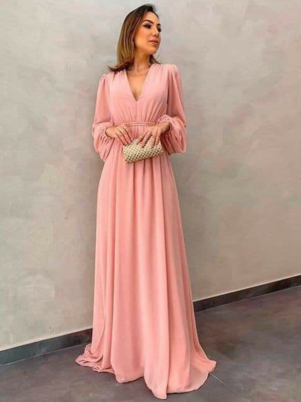 Cheryl A-Line/Princess Chiffon Ruffles V-neck Long Sleeves Sweep/Brush Train Mother of the Bride Dresses DKP0020407