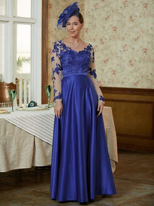 Vivian A-Line/Princess Satin Applique V-neck Long Sleeves Floor-Length Mother of the Bride Dresses DKP0020358