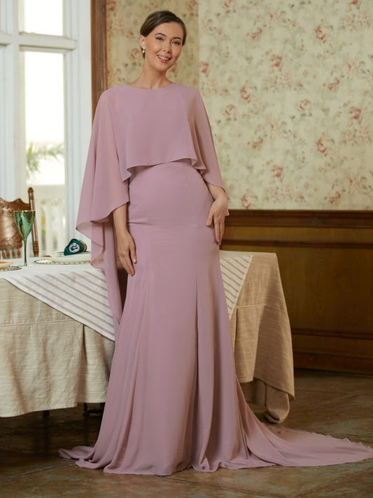 Lauryn Sheath/Column Chiffon Ruffles Scoop Long Sleeves Sweep/Brush Train Mother of the Bride Dresses DKP0020360