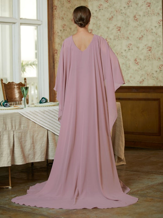 Lauryn Sheath/Column Chiffon Ruffles Scoop Long Sleeves Sweep/Brush Train Mother of the Bride Dresses DKP0020360