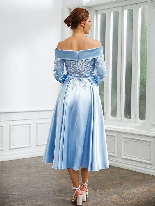 Sarai A-Line/Princess Elastic Woven Satin Ruched Off-the-Shoulder Long Sleeves Tea-Length Mother of the Bride Dresses DKP0020269