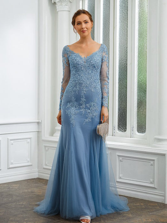 Rubi Sheath/Column Tulle Applique V-neck Long Sleeves Sweep/Brush Train Mother of the Bride Dresses DKP0020244