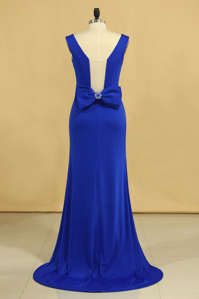 2024 Plus Size Prom Dresses Square Neckline Sweep Train With Bow-Knot Dark Royal Blue