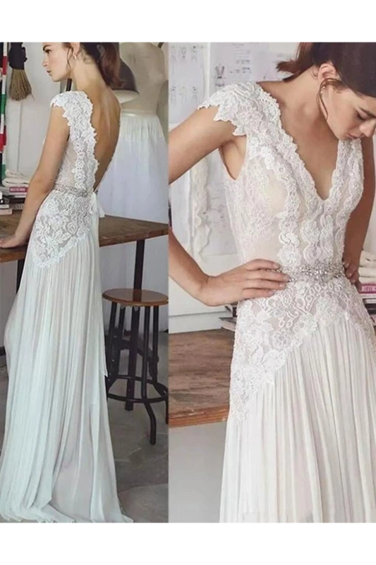 Unique V Neck Cap Sleeves Chiffon Beach Wedding Dress With Beading SJSPGG9HAF7