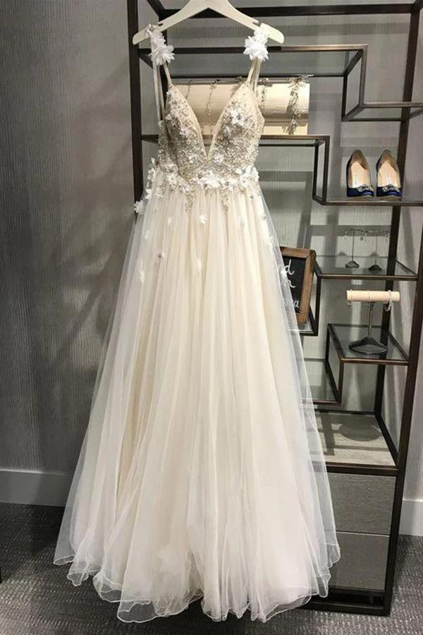 Spaghetti Straps Deep V Neck Backless Tulle Prom Dress with Flowers, Beach Wedding Gowns SJS15413