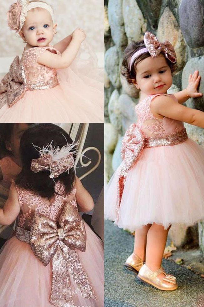 Cute Lace Pink V Back Flower Girl Dress with Bowknot, Round Neck Child Dresses SJS15574