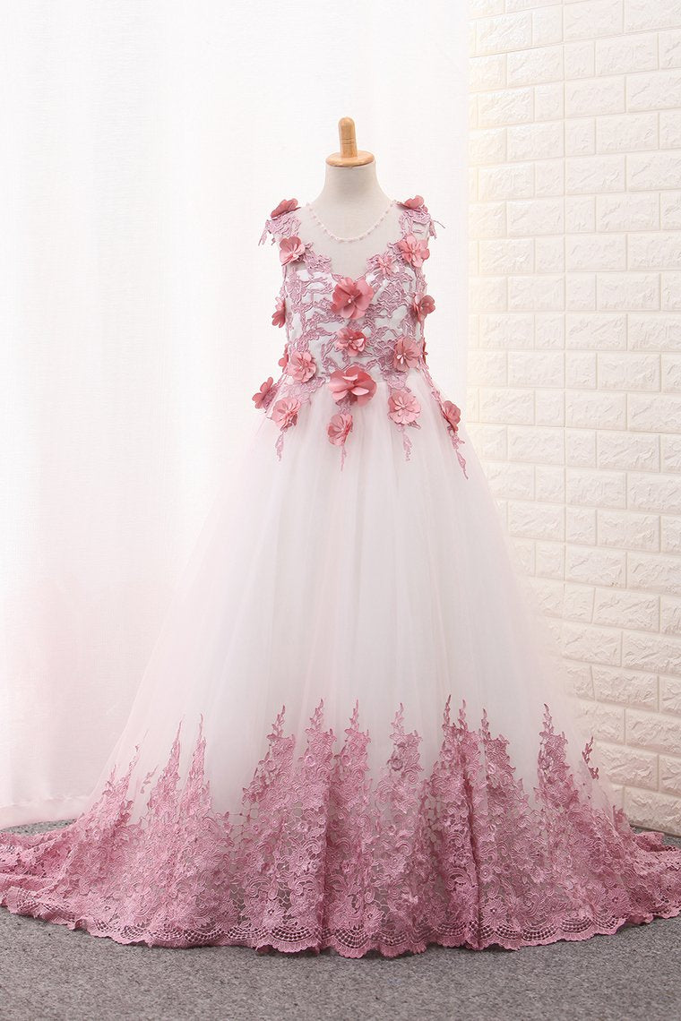 Scoop A Line Tulle Flower Girl Dresses With Applique And Handmade Flowers