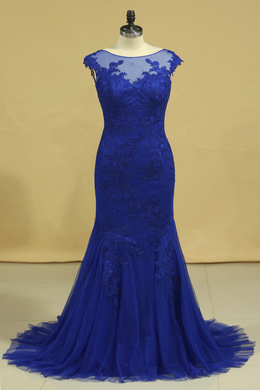 2024 Plus Size Mermaid Open Back Evening Dresses Bateau Tulle With Applique Dark Royal Blue