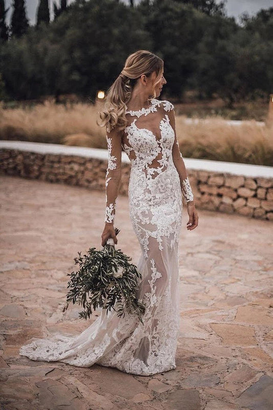 Mermaid Lace Appliques Long Sleeve See though Tulle Wedding Dresses, Beach Wedding Gowns SJS15261