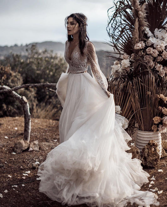 A Line Long Sleeves Ivory V Neck Beach Wedding Dresses with Lace Appliques, Bridal Dresses SJS15491