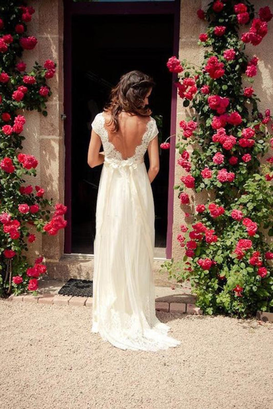 Cap Sleeves Beach Wedding Dresses Elegant Empire Pregnant V neck Open Back Lace