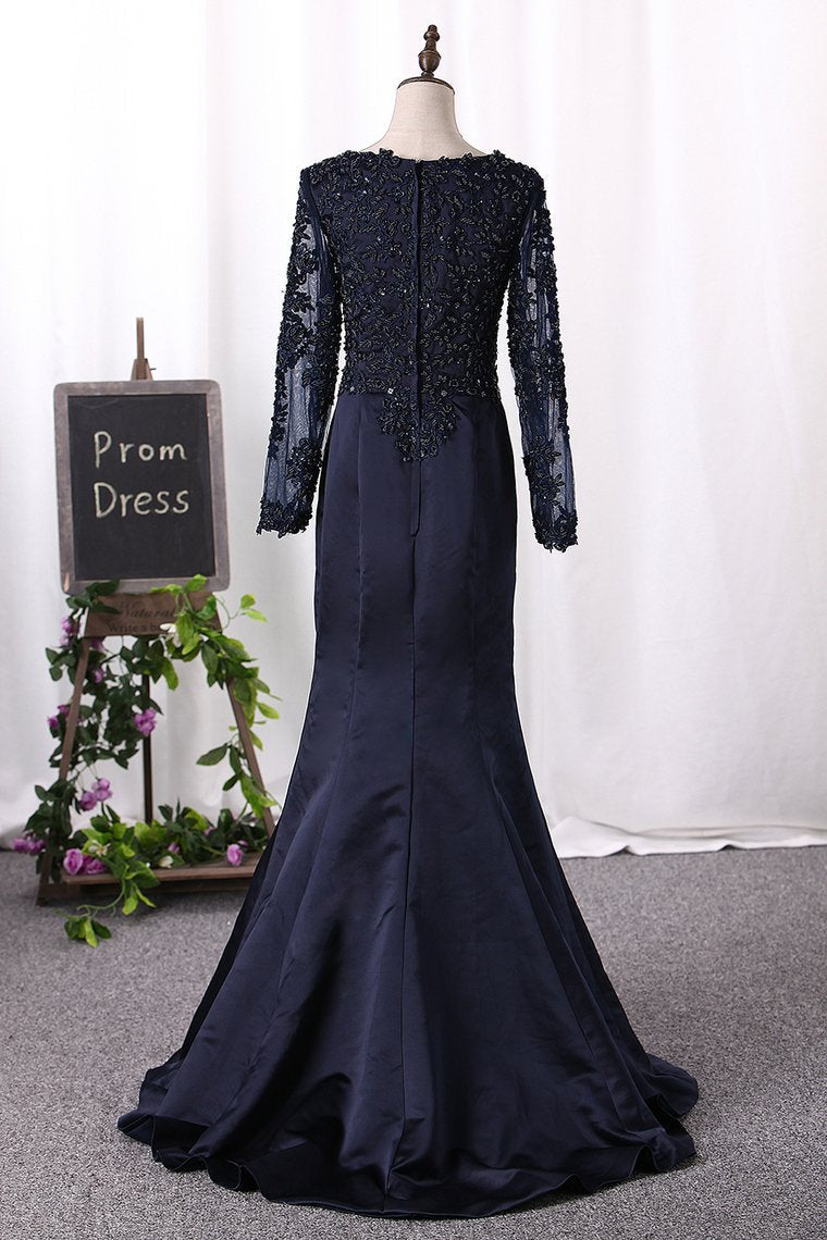 2024 Mother Of The Bride Dresses Scoop Long Sleeves Mermaid Satin With Beading Detachable