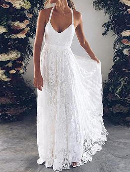 A Line Prom Dresses Long Halter Sweetheart Lace Backless Beach Wedding Dresses 2024