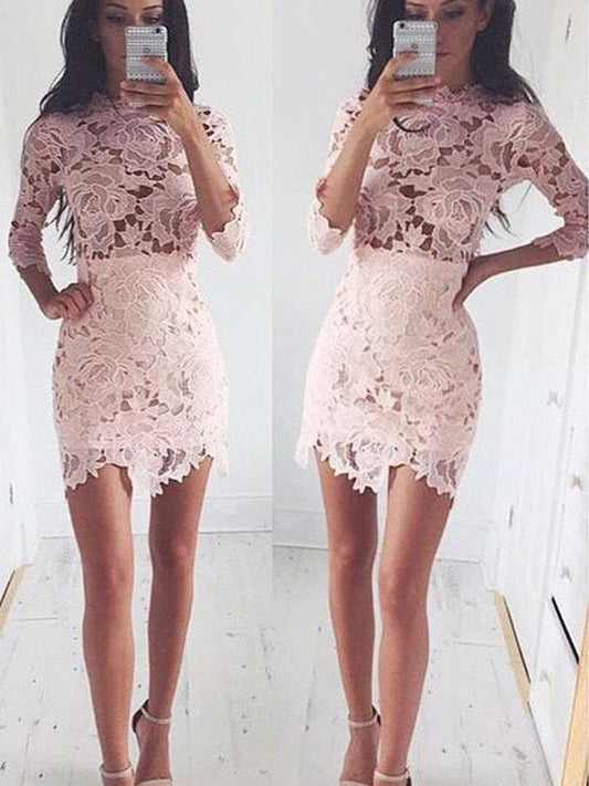 2024 Sheath/Column Jewel Neck Long Sleeve Lace Lilyana Homecoming Dresses Cut Short/Mini