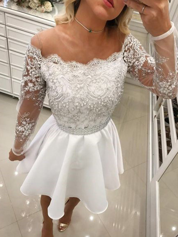 Homecoming Dresses Felicity 2024 A-Line Off-The-Shoulder Long Sleeve Applique Beading Cut Short/Mini