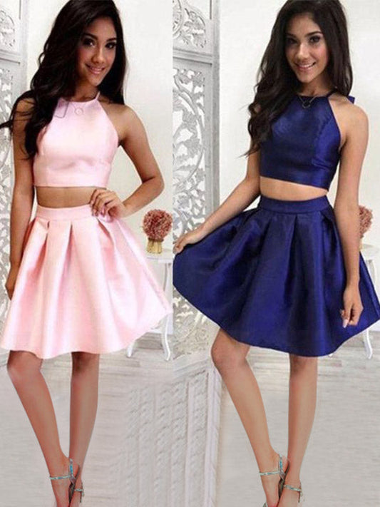 Maeve Homecoming Dresses Satin Two Piece Halter Sleeveless Pleated Cut Short/Mini