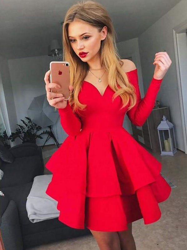 Long Sleeve Sweetheart Homecoming Dresses Melissa Off-The-Shoulder Layers Cut Short Mini