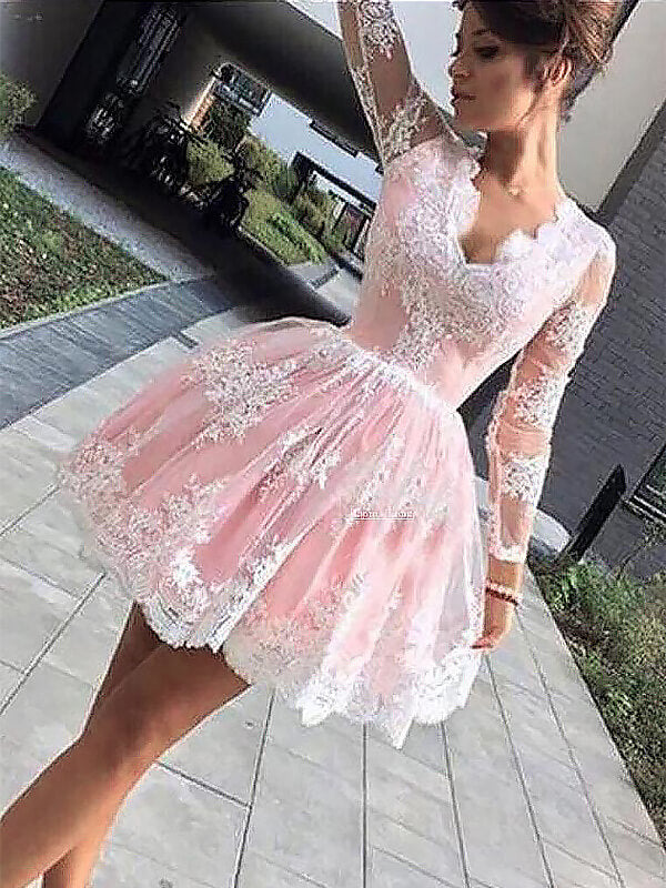 Homecoming Dresses Maritza Ball Gown V Neck Long Sleeve Applique Cut Short Mini