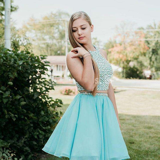 Chiffon Two Pieces A Line Homecoming Dresses Leila Halter Sleeveless Rhinestone Pleated Blue