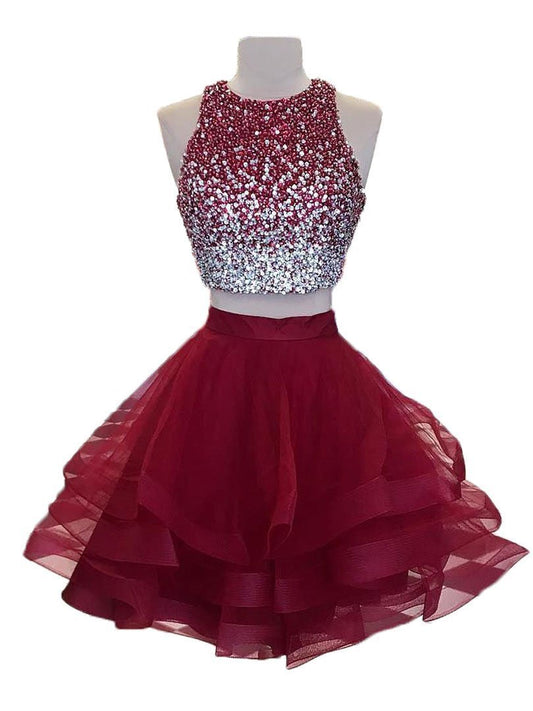 Jewel Sleeveless Rhinestone Organza Ruffles A Line Brynlee Two Pieces Homecoming Dresses Backless