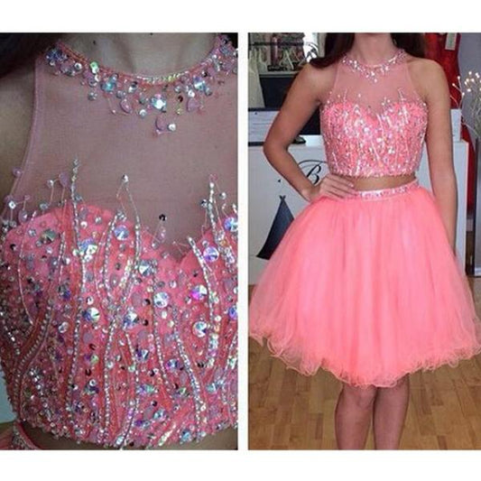 Two Pieces Shaniya Homecoming Dresses Jewel Sleeveless Sheer Rhinestone Ball Gown Organza