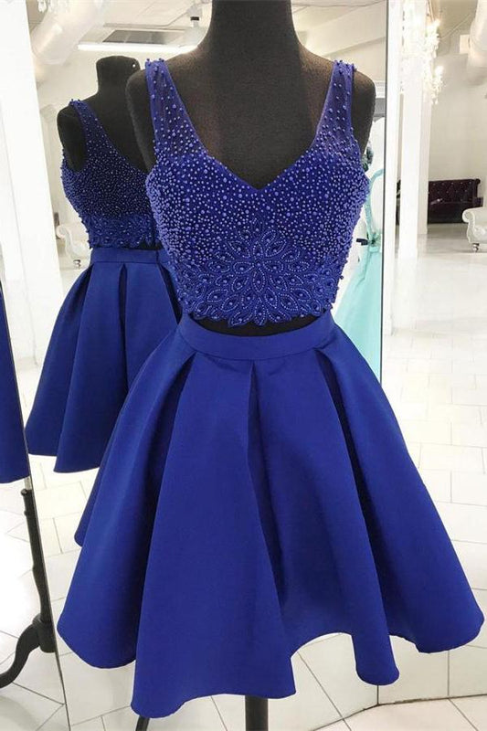 V A Line Two Pieces Satin Homecoming Dresses Meg Royal Blue Neck Sleeveless Beading Backless