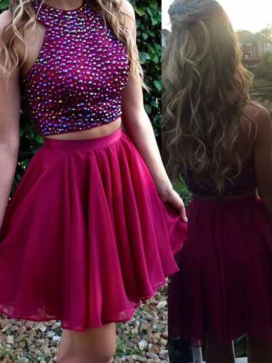 Charlotte A Line Homecoming Dresses Chiffon Two Pieces Halter Sleeveless Beading Fuchsia Pleated