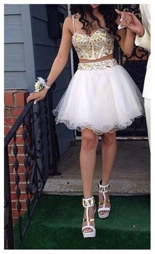 Spaghetti Jazmyn A Line Two Pieces Homecoming Dresses Straps Rhinestone Organza White Sweetheart