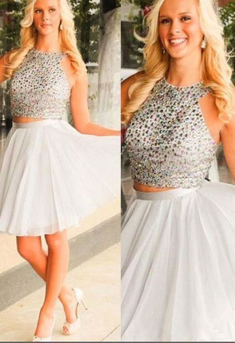 Halter Two Pieces Natalia Homecoming Dresses Chiffon A Line Sleeveless White Beading