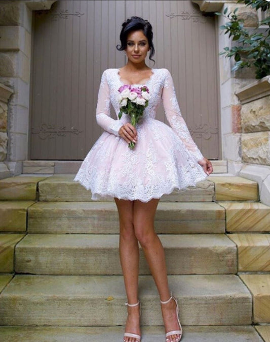 Long Sleeve Deep V Homecoming Dresses Harper Lace Neck Ball Gown White Short Elegant