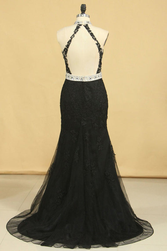 2024 Black Plus Size Prom Dresses Mermaid High Neck Open Back Tulle With Applique & Rhinestones