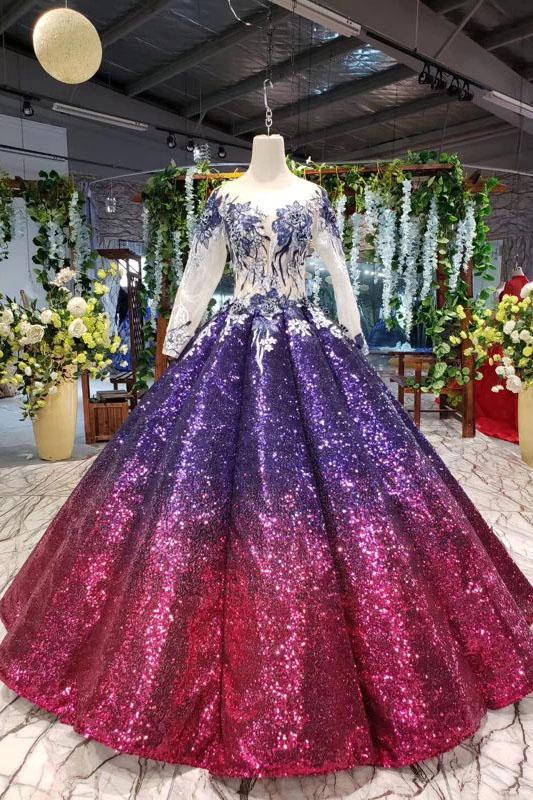 Ball Gown Ombre Sparkly Long Sleeve Sequins Prom Dresses, Quinceanera Dresses SRS15066