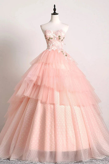 Princess Ball Gown Pink 3D Lace Multi-layered Prom Dresses, Tulle Quinceanera Dresses SRS15292