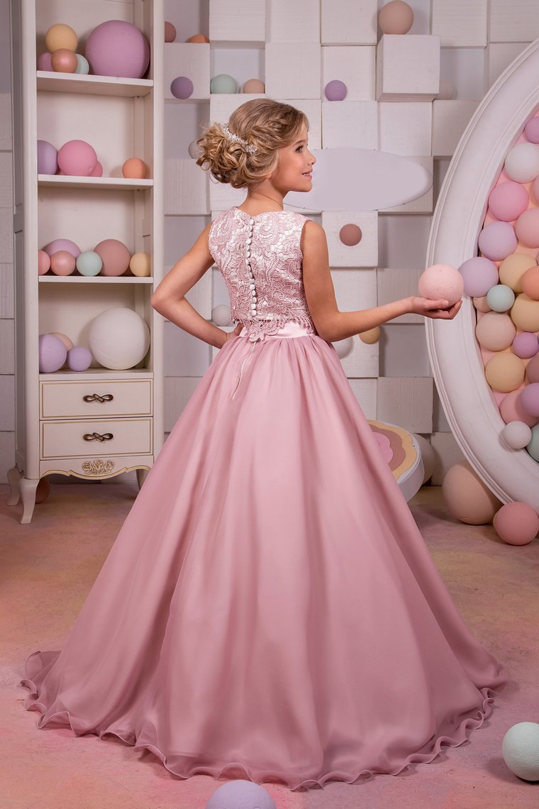 Two-Piece Scoop Chiffon & Lace A Line Flower Girl Dresses Sweep Train