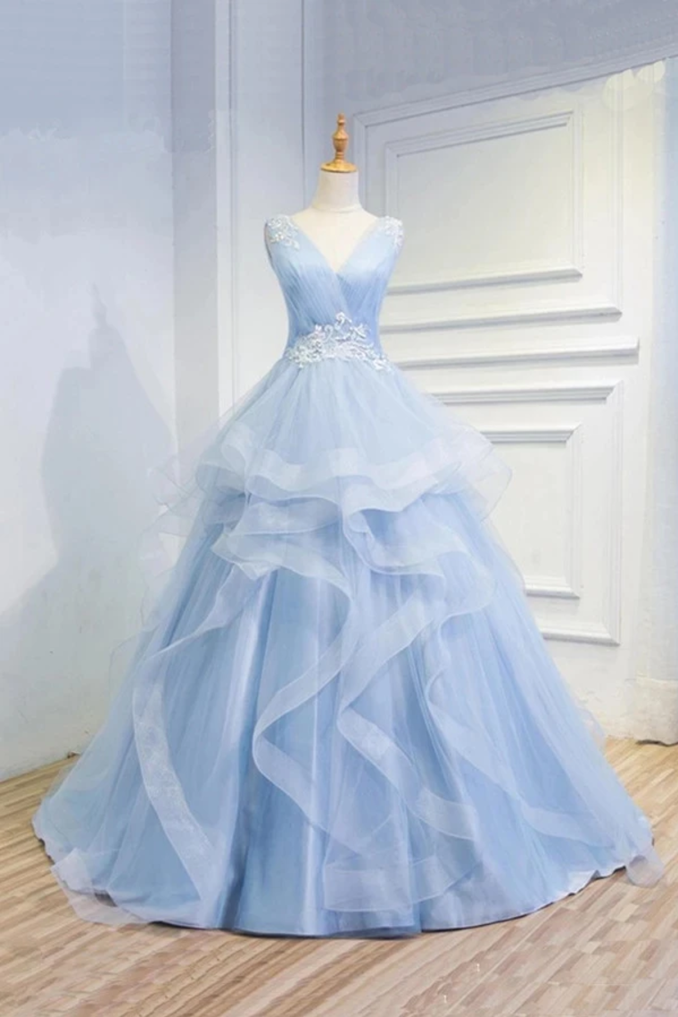 Puffy V Neck Sleeveless Tulle Prom Dress With Appliques Quinceanera SRSP4EM4EZY