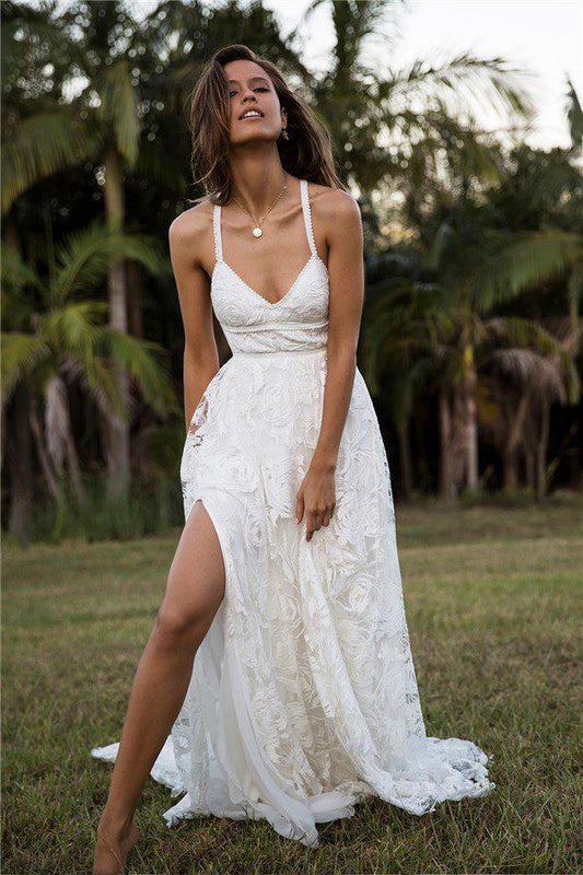 Charming Lace Long A-line Spaghetti Straps Ivory V-Neck Beach Wedding Dress