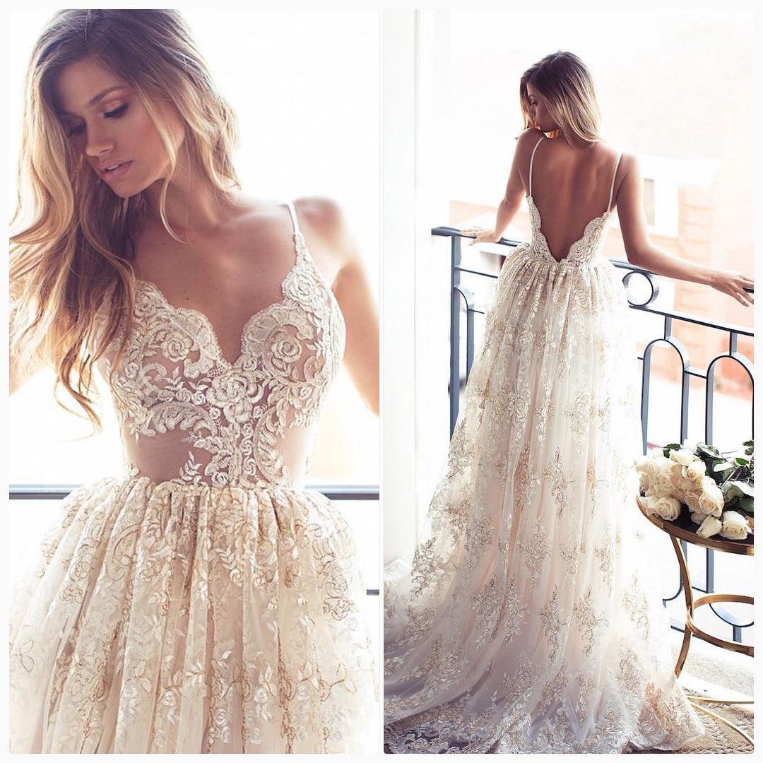 Lace A Line Sexy Spaghetti Straps Backless Beach Vintage Illusion Wedding Dresses UK JS349