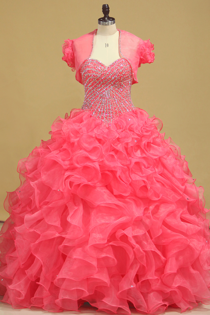 2024 Beautiful Quinceanera Beaded Bodice Sweetheart Floor Length Ruffle Skirt Orange