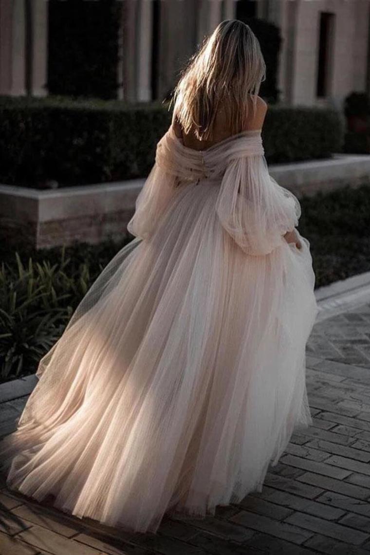 Princess Long Puff Sleeves Off The Shoulder Tulle Wedding Dresses, Beach Wedding Gowns